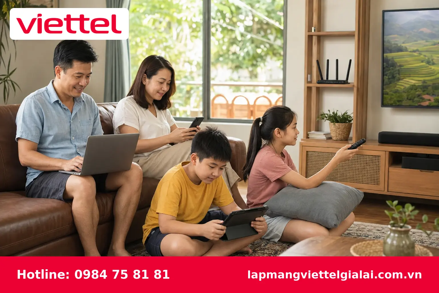 Gia đình sử dụng nhiều thiết bị trên mạng Viettel ổn định