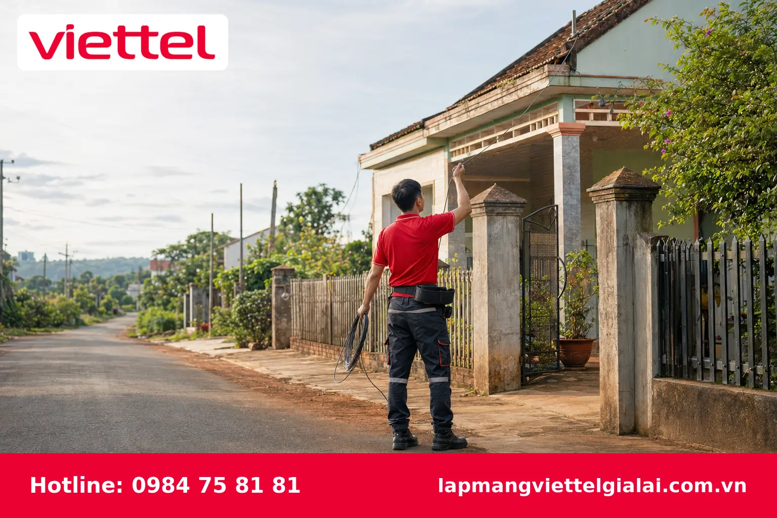 Kỹ thuật viên triển khai cáp quang Viettel tại nhà ở Gia Lai