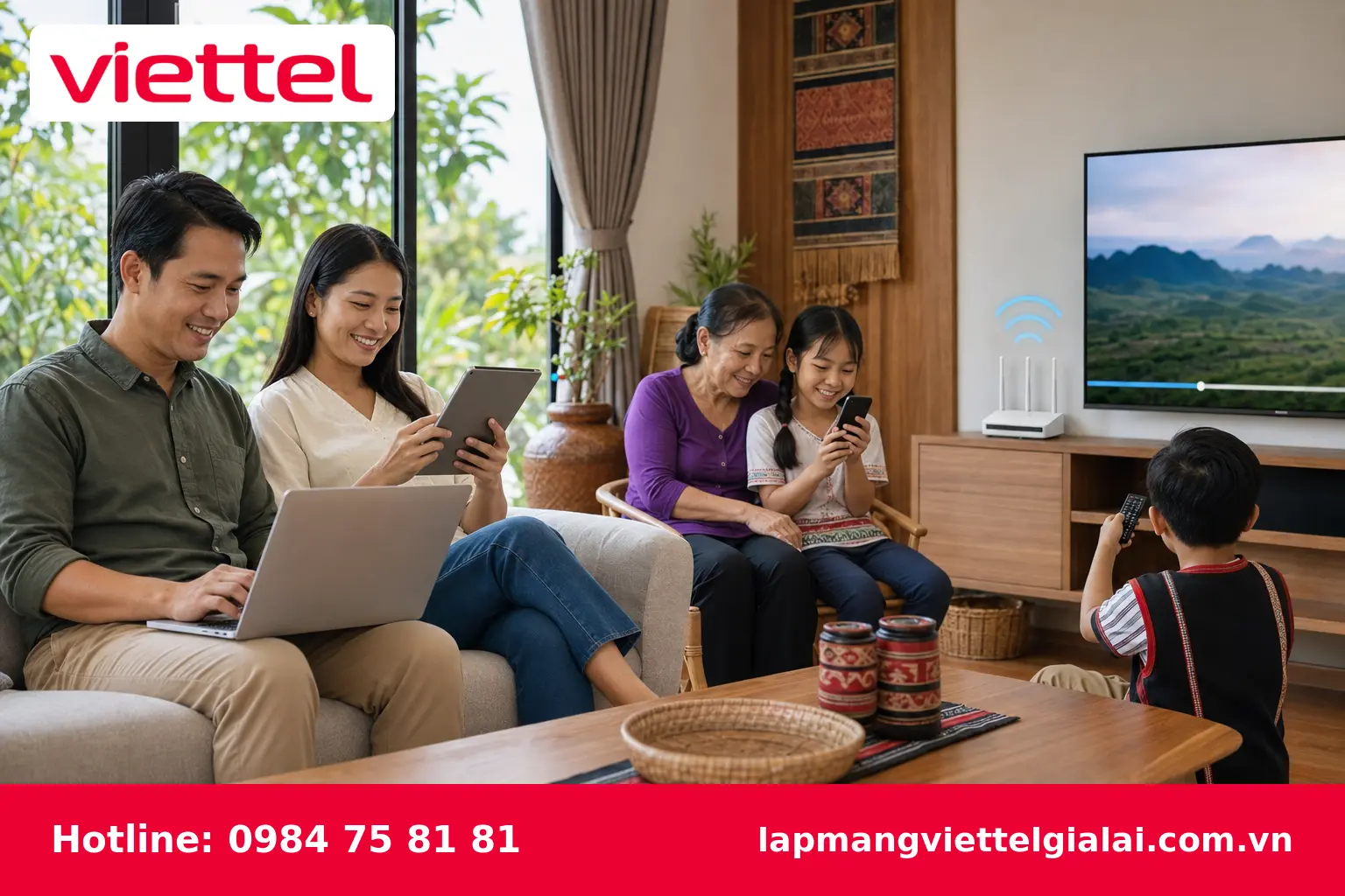 Gia đình sử dụng Internet Viettel tốc độ cao tại Đắk Đoa