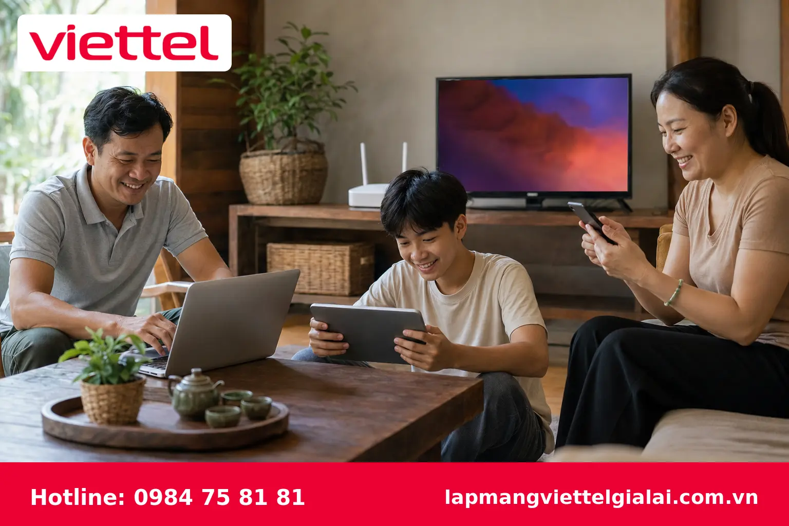 Gia đình sử dụng Internet Viettel tốc độ cao tại Đức Cơ