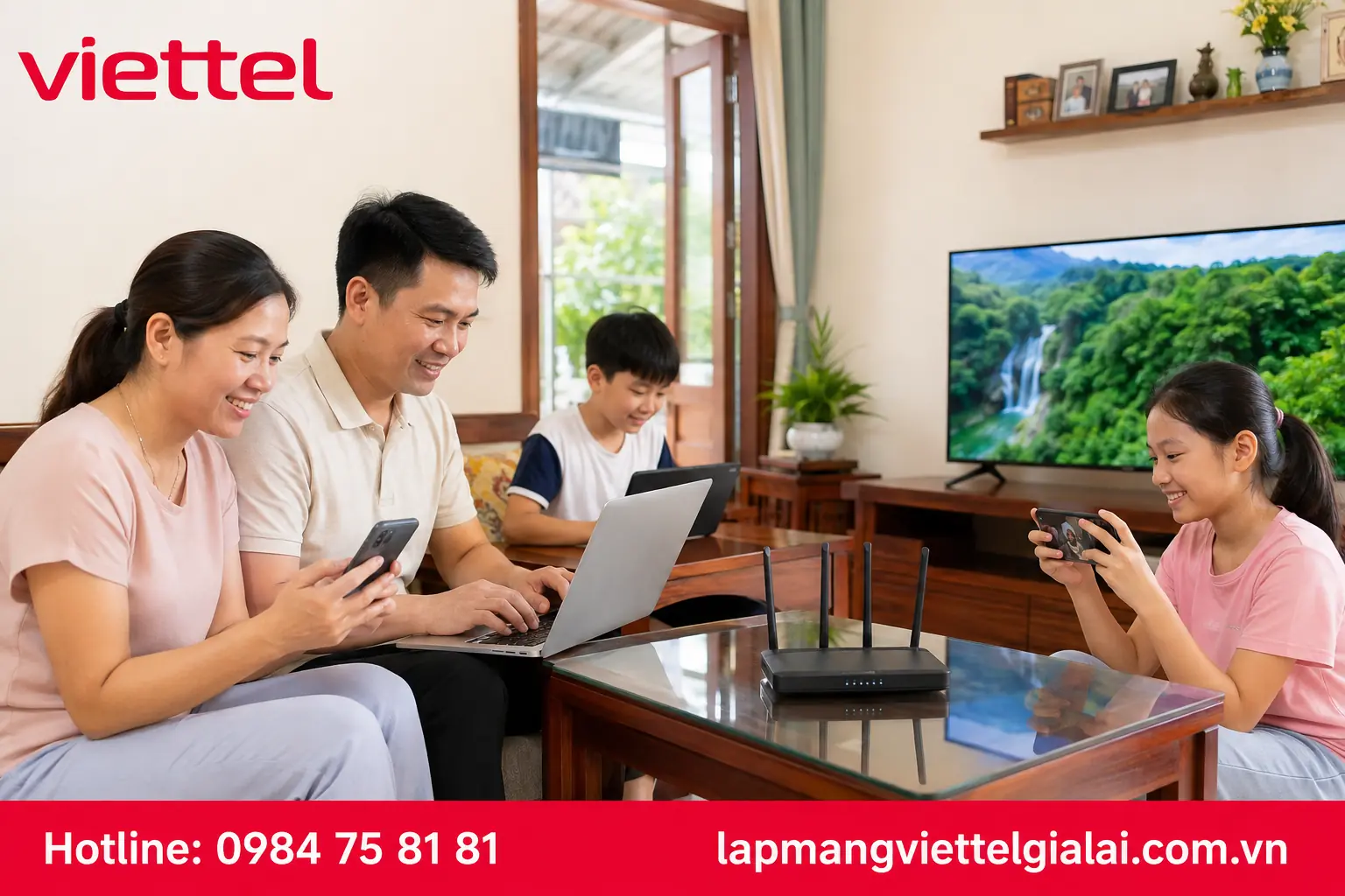 Gia đình sử dụng Internet Viettel tốc độ cao tại Kbang