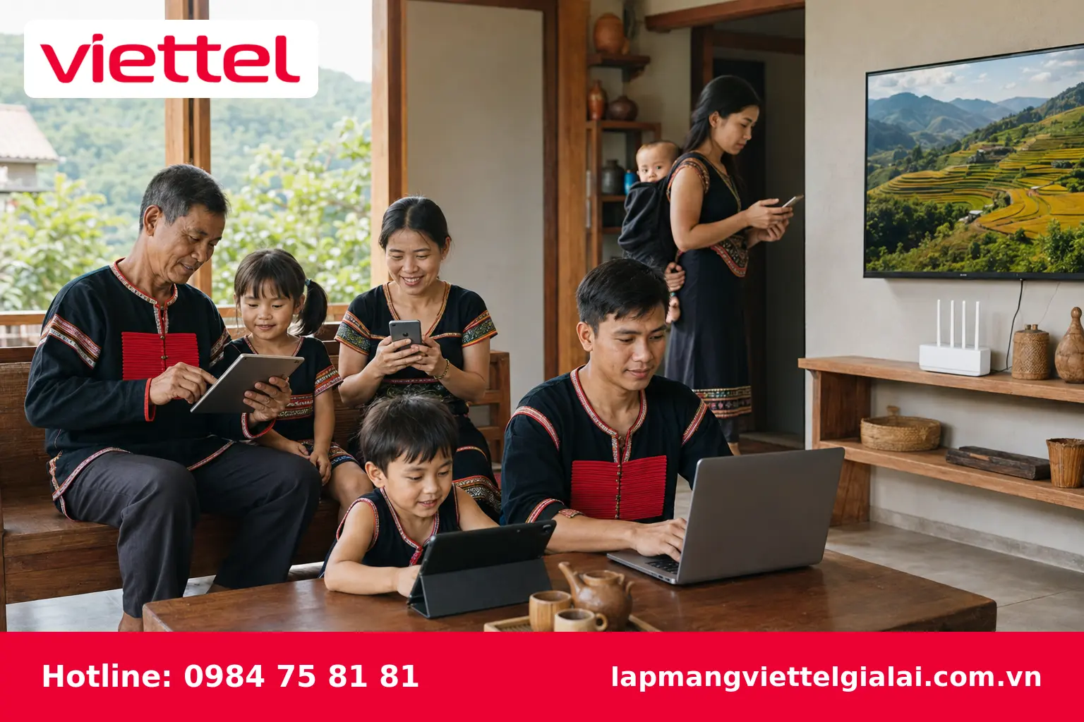 Gia đình tại Kon Tum sử dụng Internet Viettel trên nhiều thiết bị