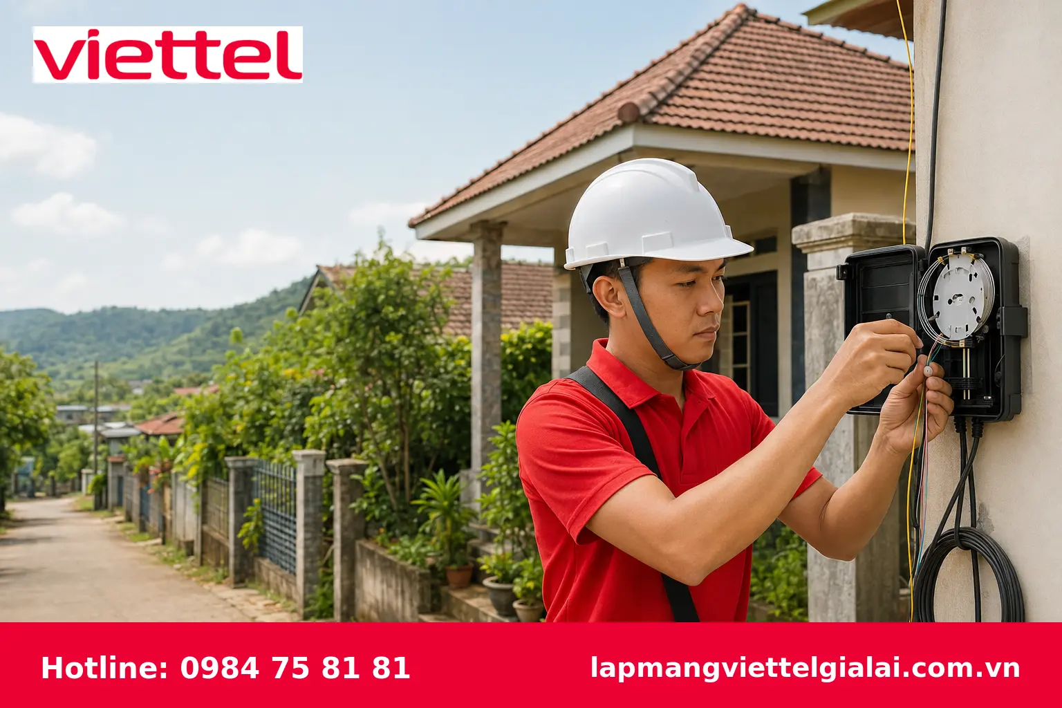 Kỹ thuật viên lắp đặt cáp quang Viettel tại Chư Pưh