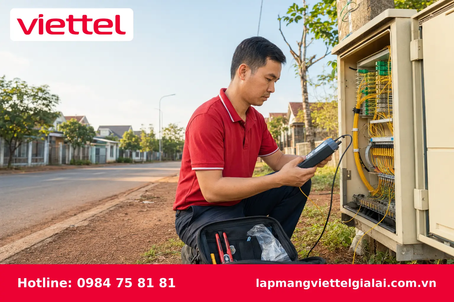 Kỹ thuật viên kiểm tra hạ tầng cáp quang Viettel tại Chư Sê