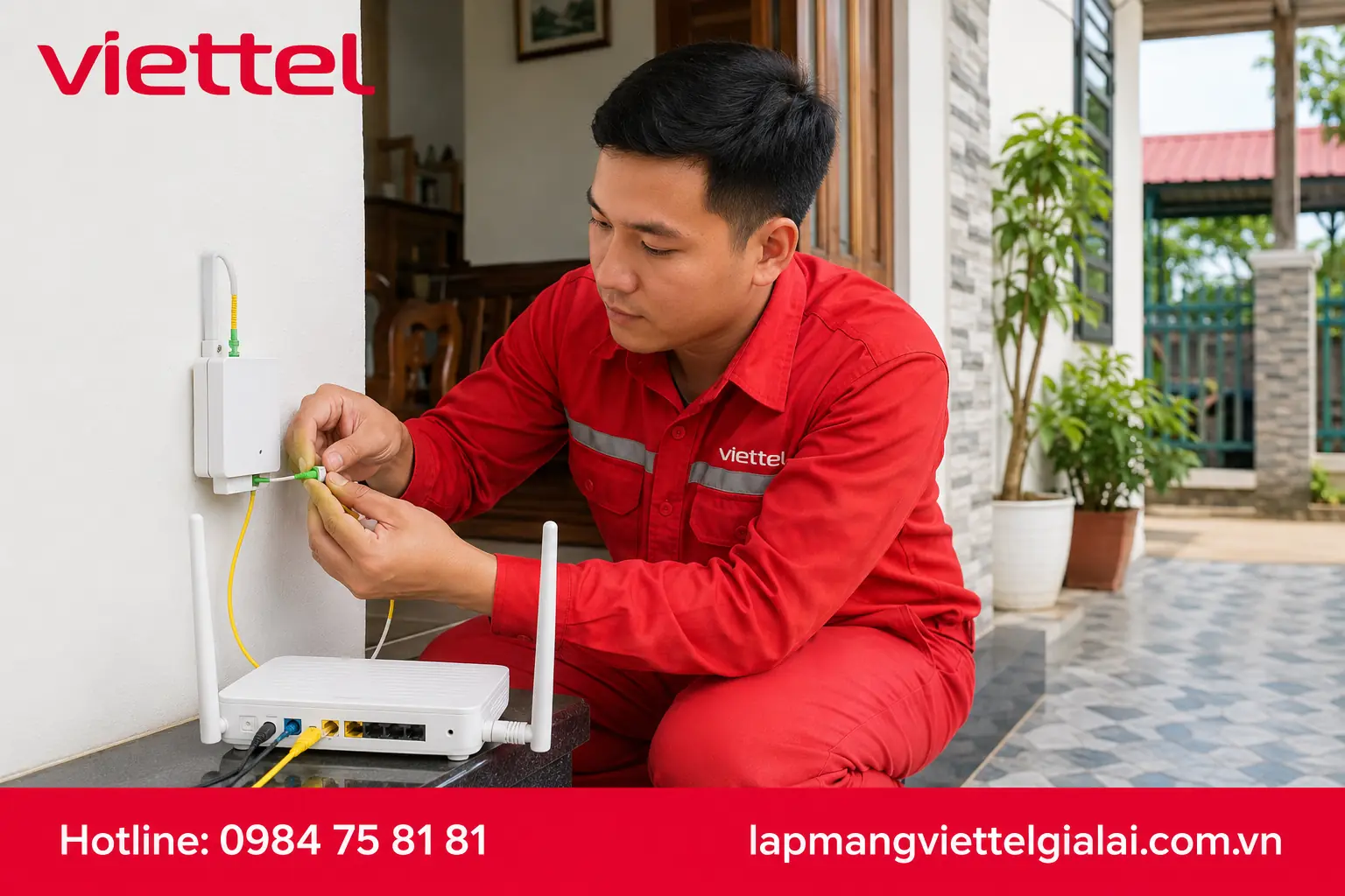 Kỹ thuật viên lắp đặt cáp quang Viettel tại Kbang