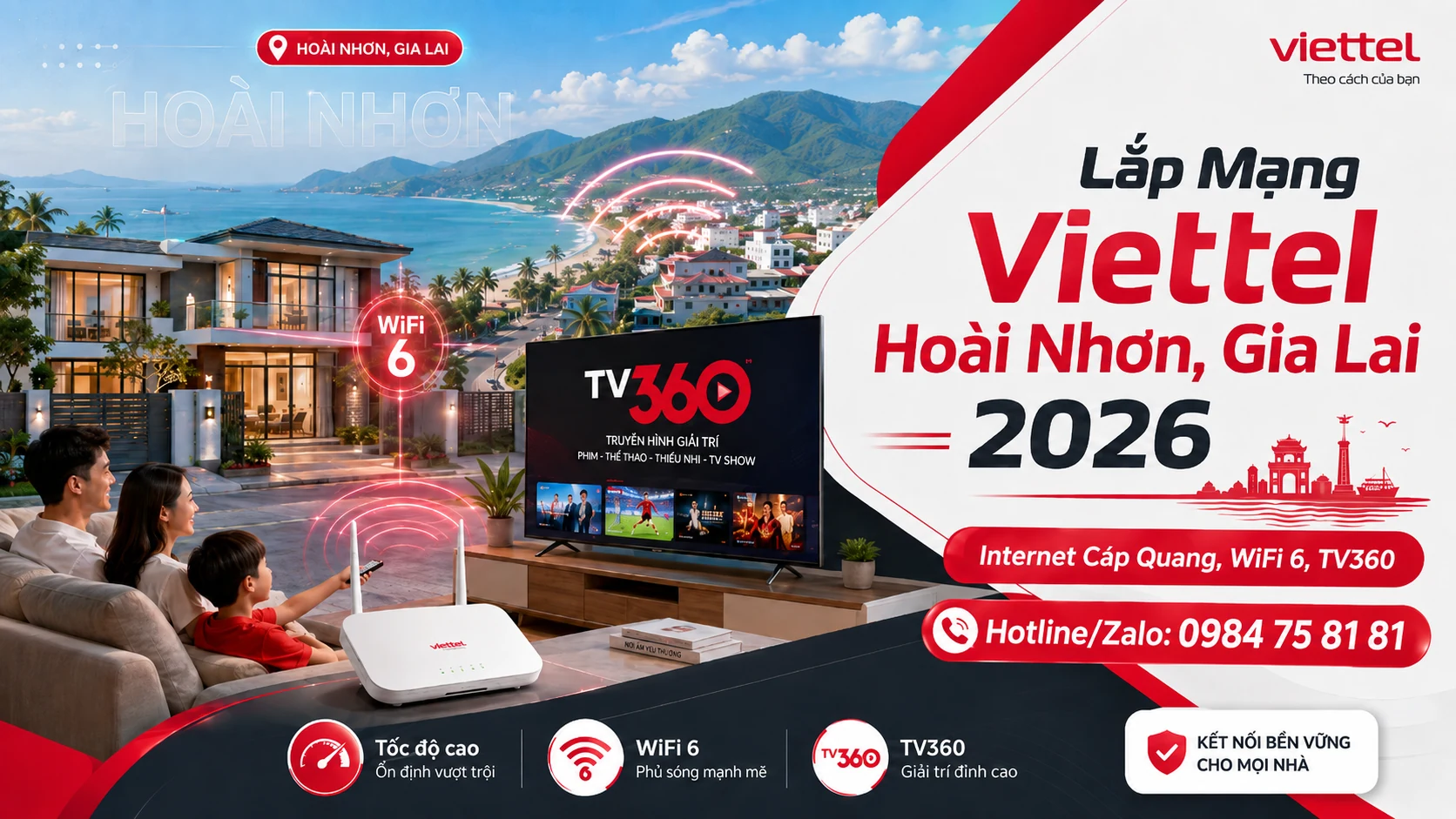 Lắp Mạng Viettel Hoài Nhơn, Gia Lai 2026: Internet Cáp Quang, WiFi 6, TV360